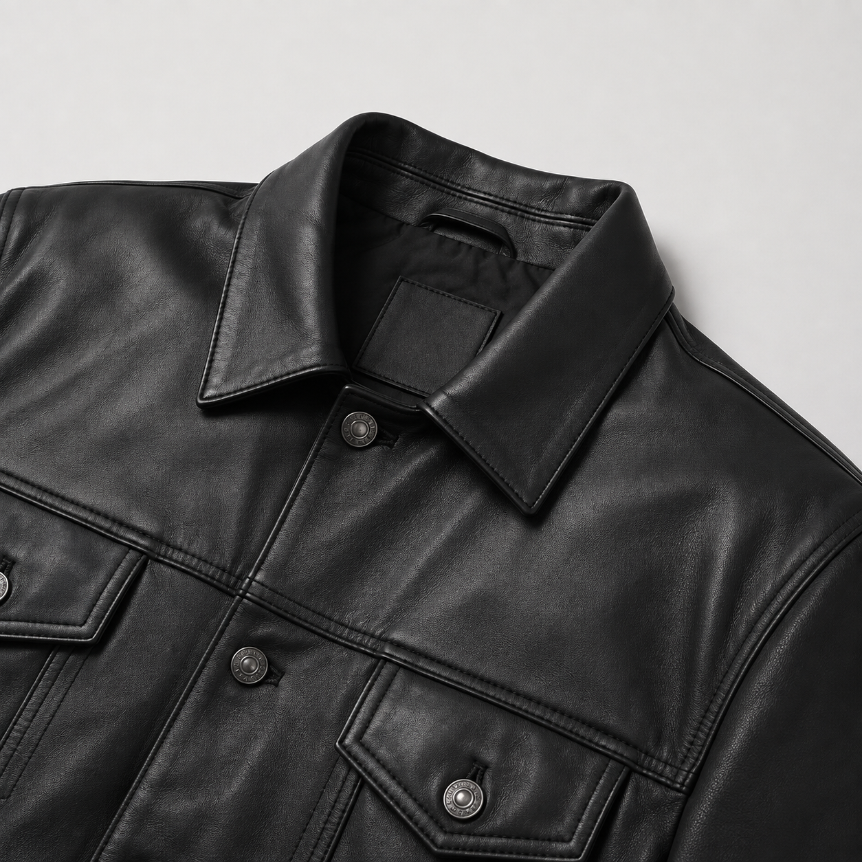 Men's Black Leather Trucker Jacket with Classic Collar
