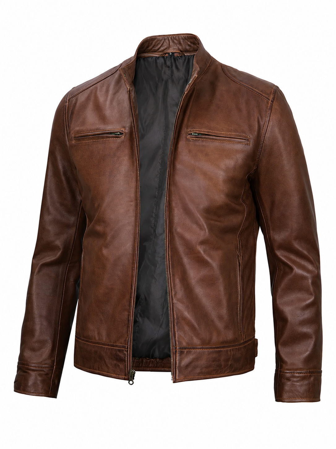 Men's Leather Jacket with Stand-Up Collar