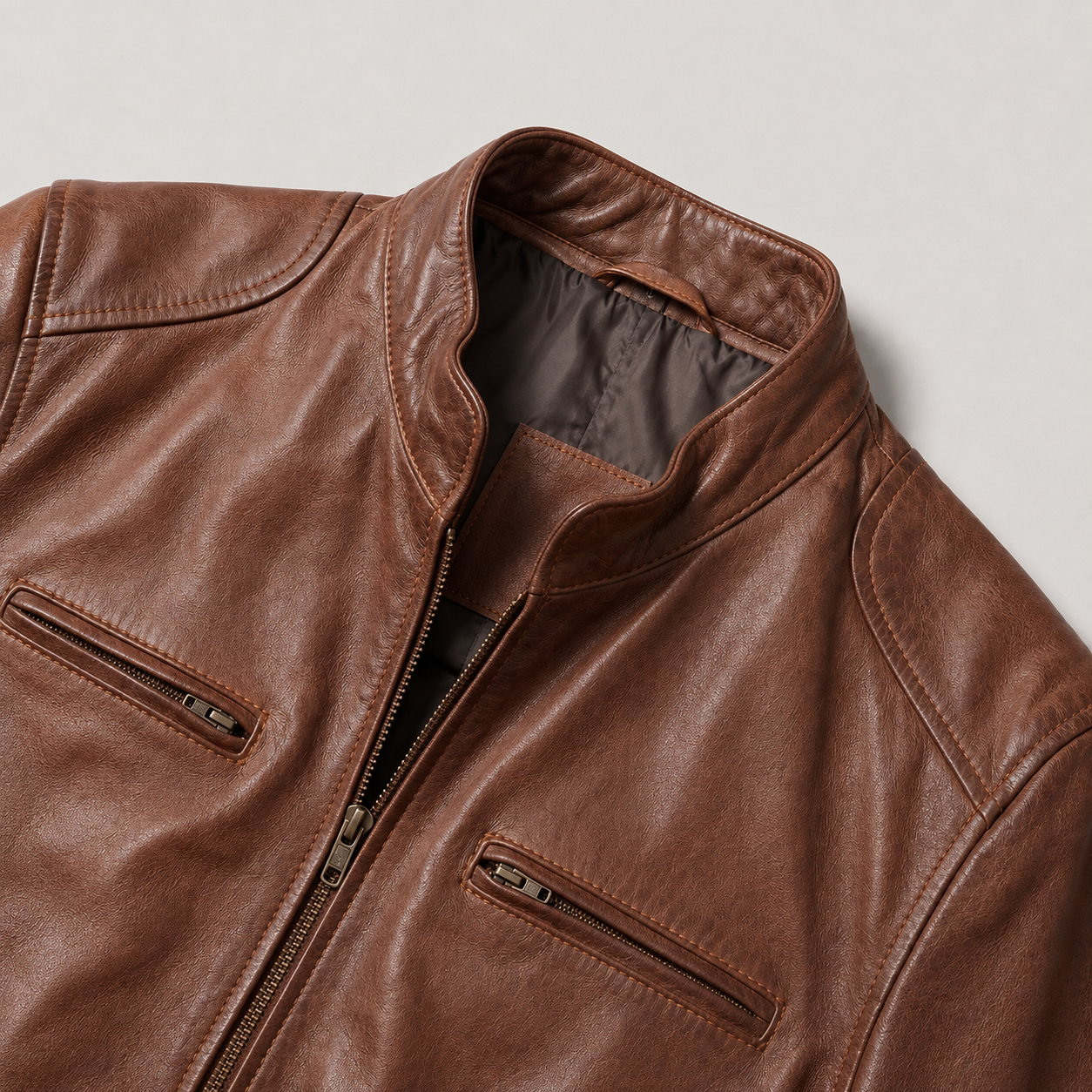 Men's Leather Jacket with Stand-Up Collar