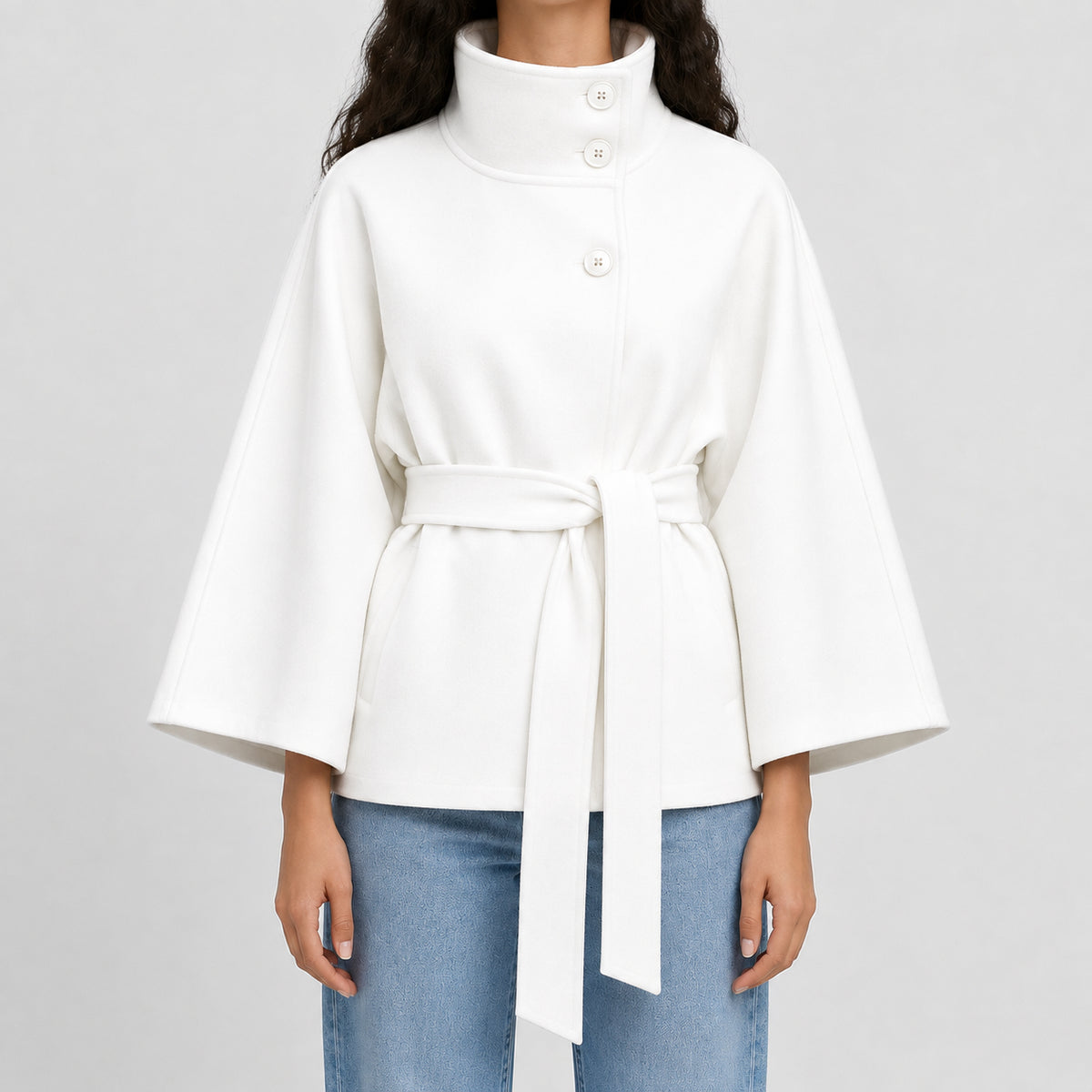 Fall Women's Cape Coat with High Collar and Bow Belt | Outerwear