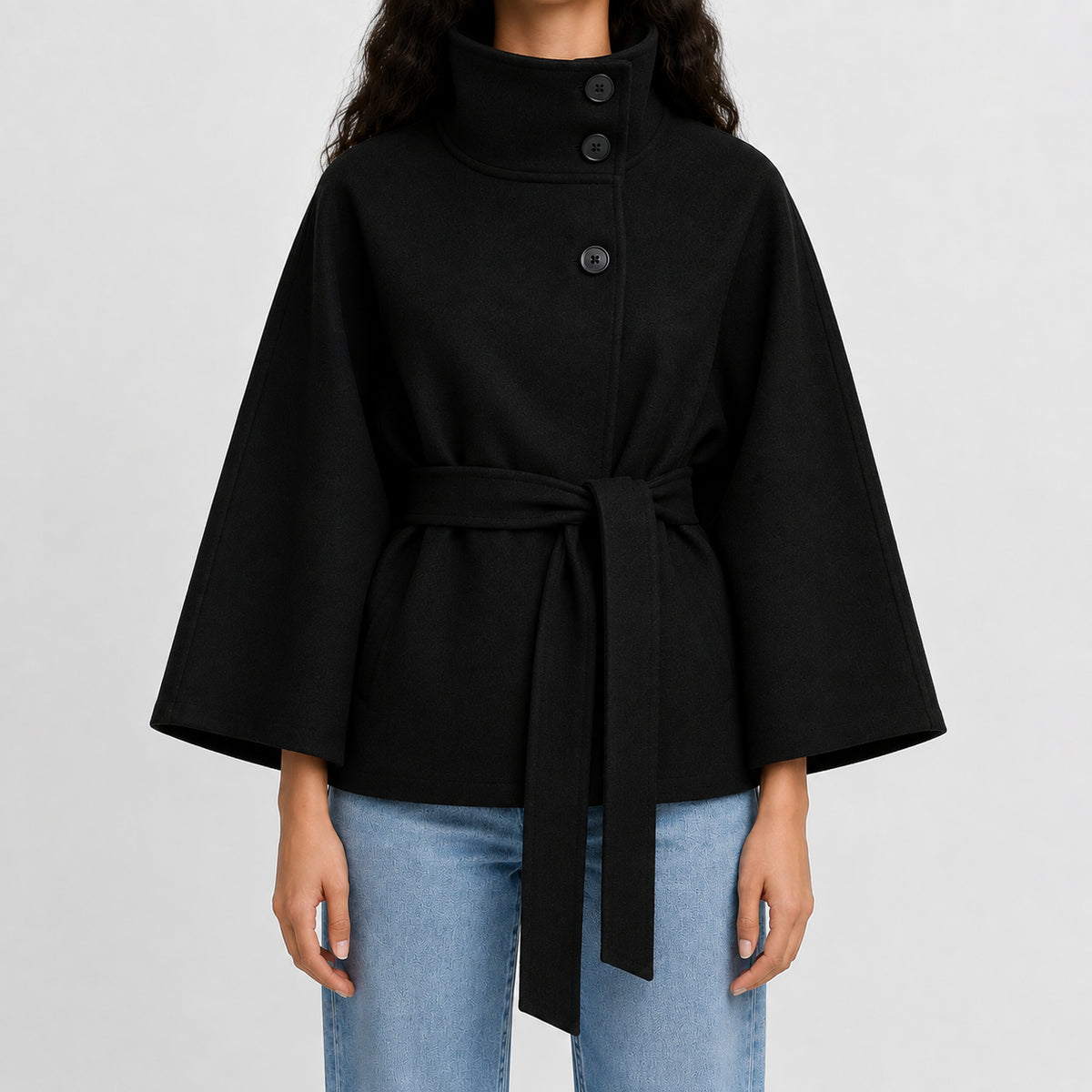 Fall Women's Cape Coat with High Collar and Bow Belt | Outerwear