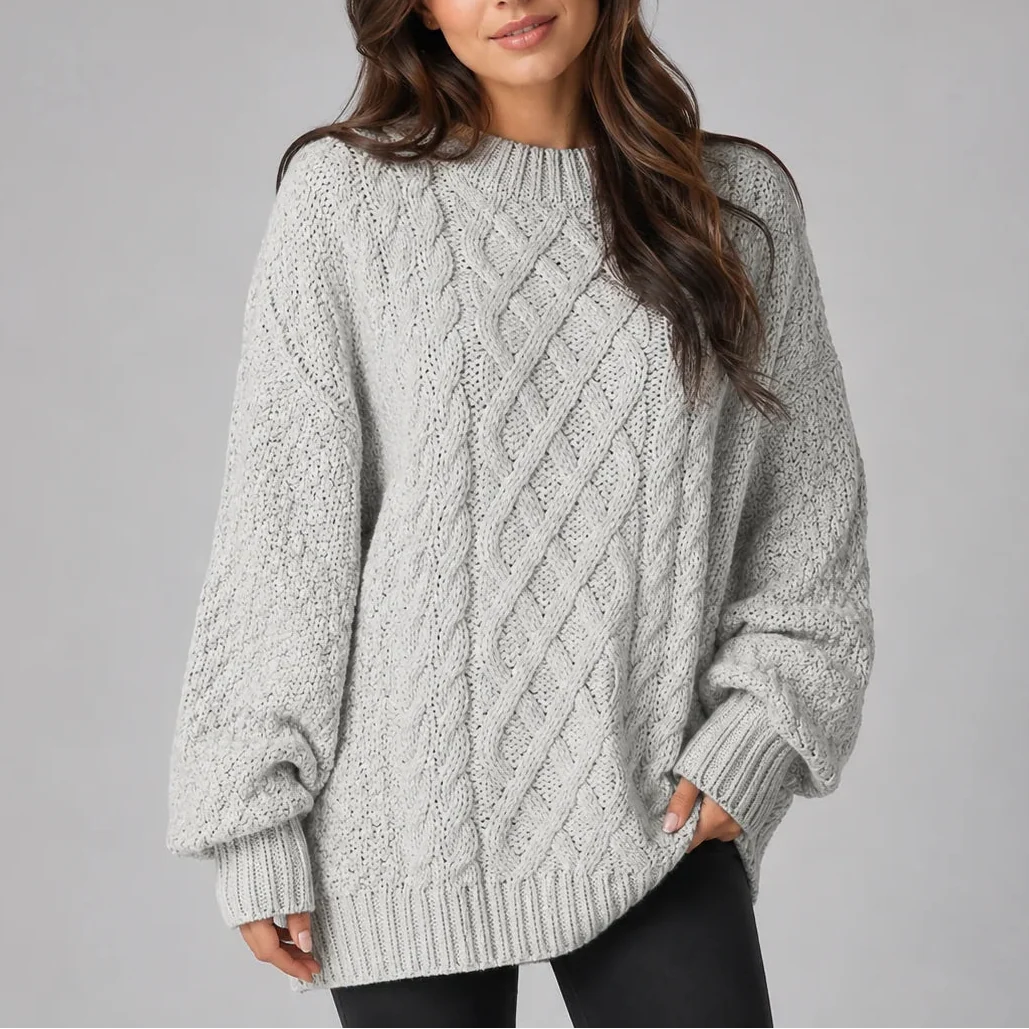 Oversized Cable Knit Sweater Dress with Long Sleeves