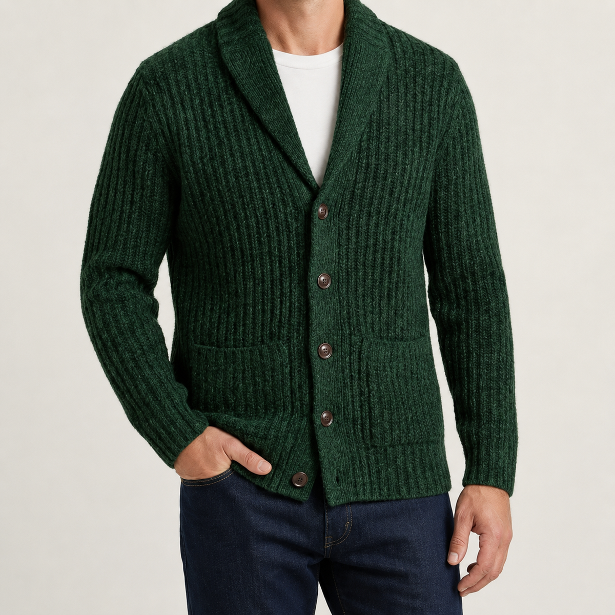 Men's Crew-Neck Shawl-Front Chunky-Knit Cardigan