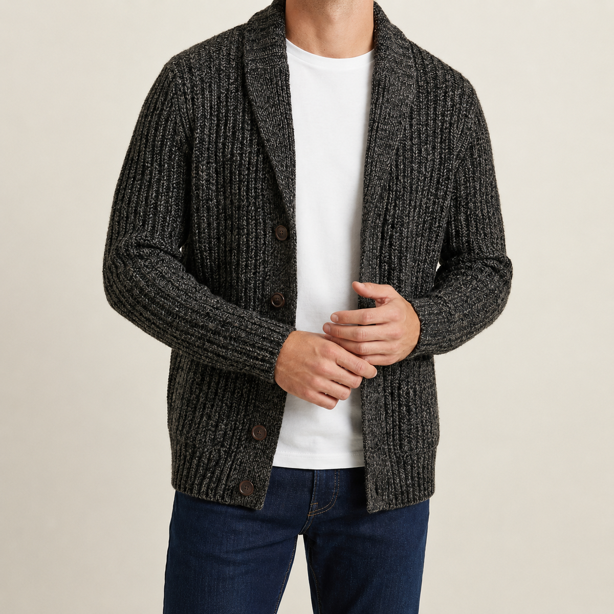 Men's Crew-Neck Shawl-Front Chunky-Knit Cardigan