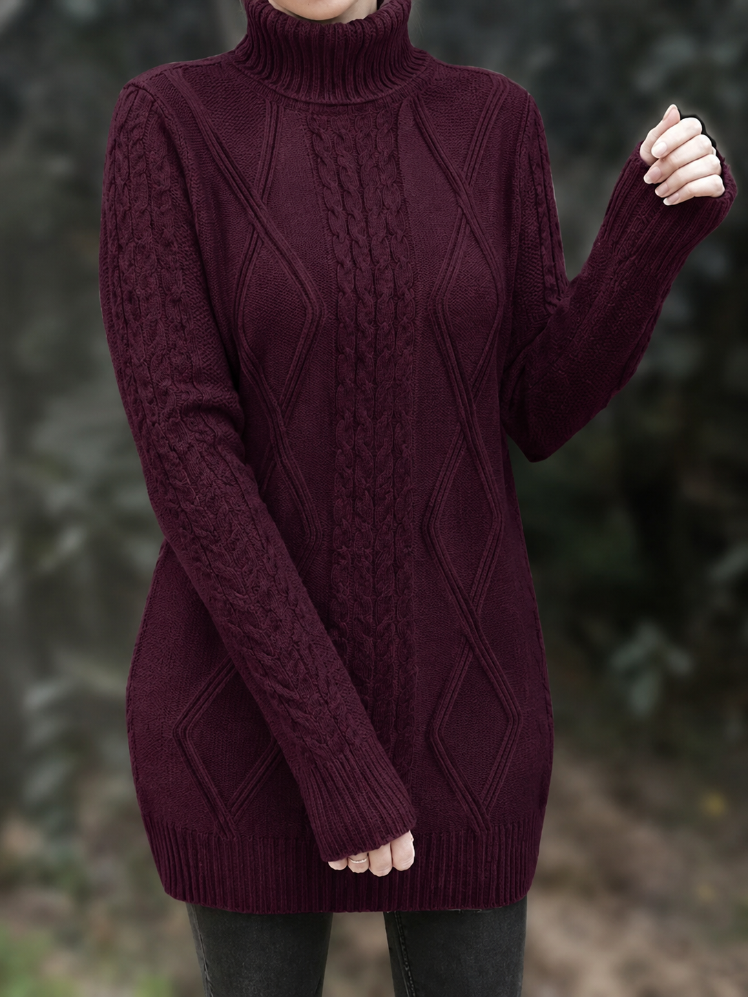 Oversized Turtleneck Sweater with Long Cables, Hip-Length