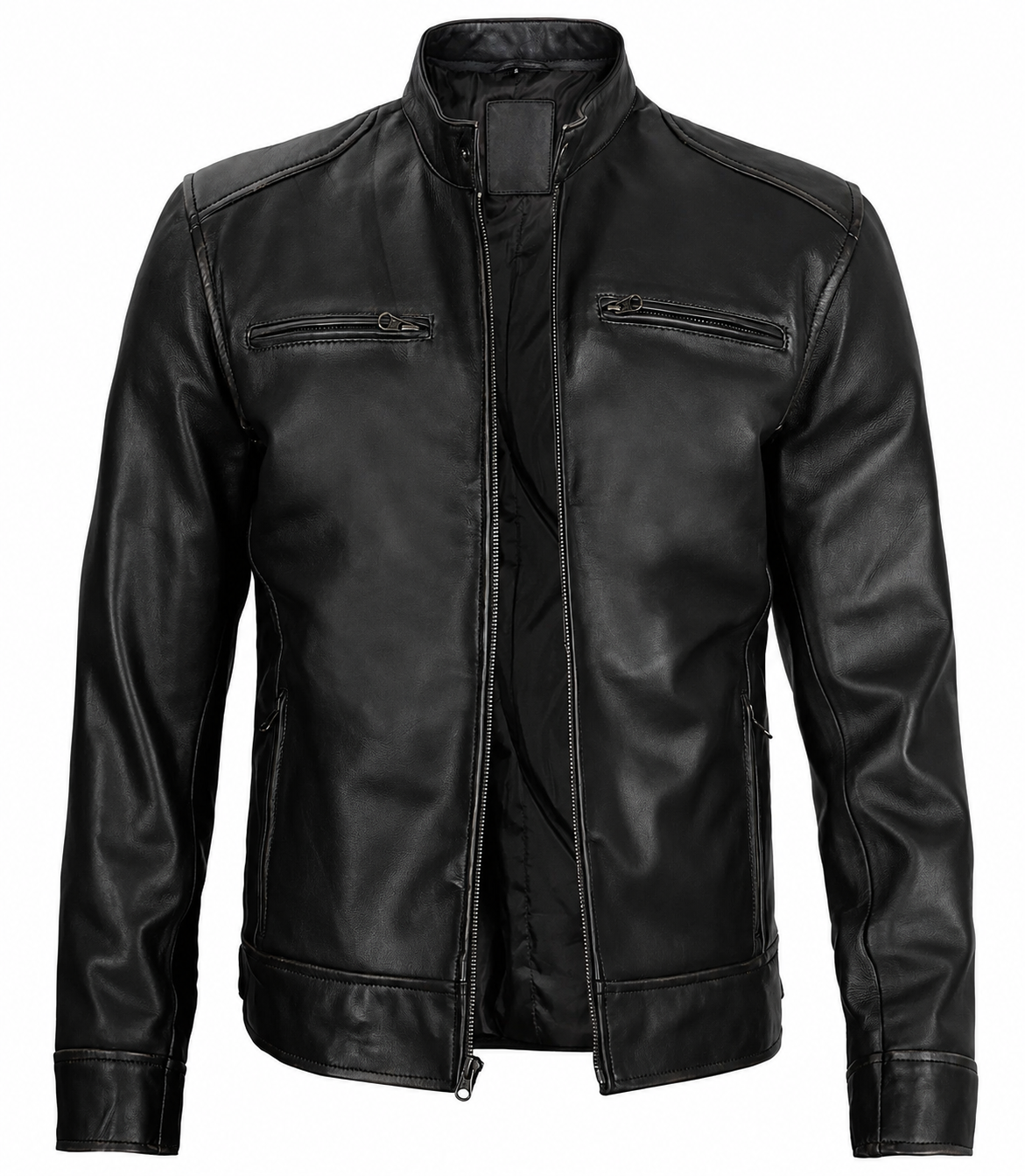 Men's Black Cafe Racer Slim-Fit Leather Jacket