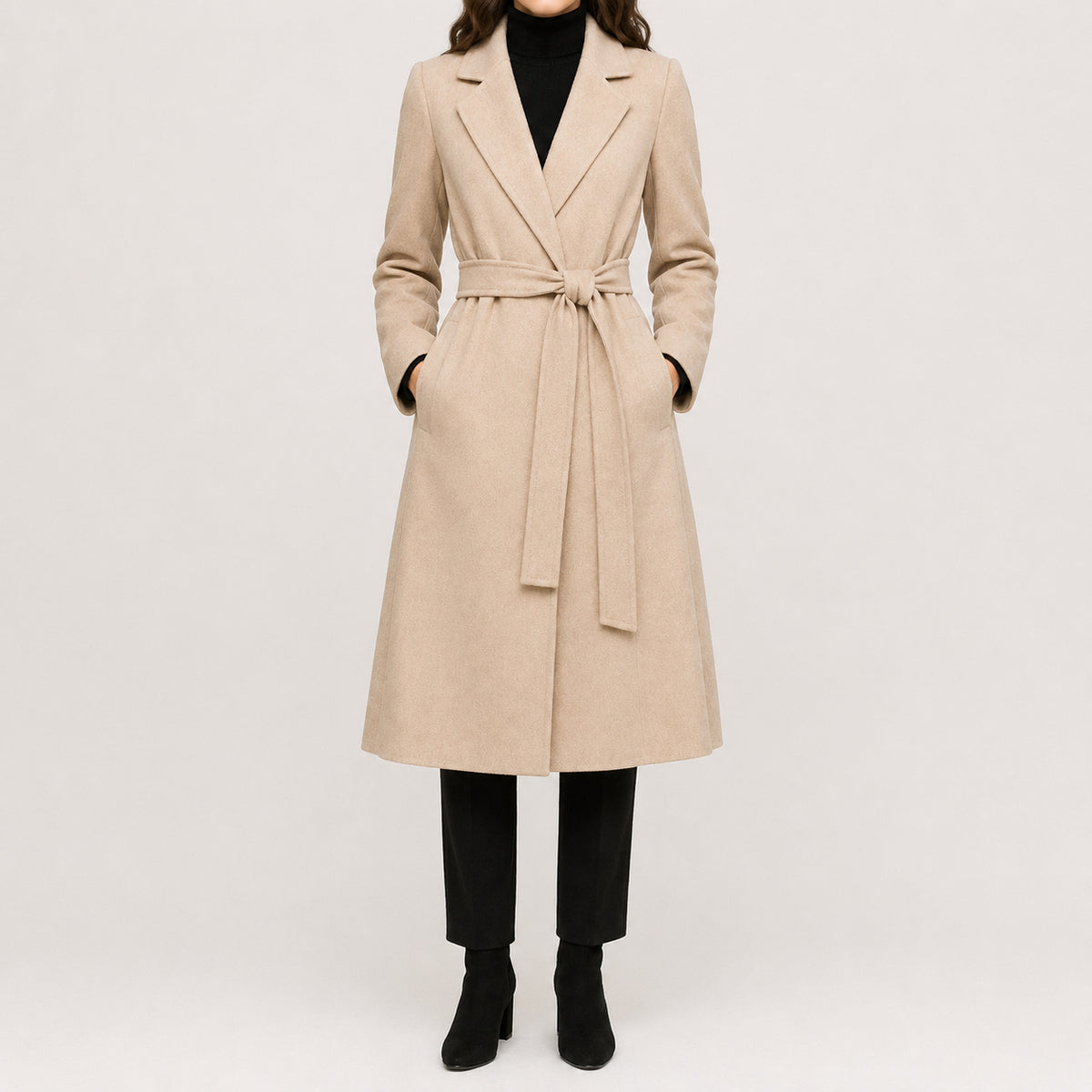 Fall Women's Midi Length Wool Coat with Waist Belt | Outerwear