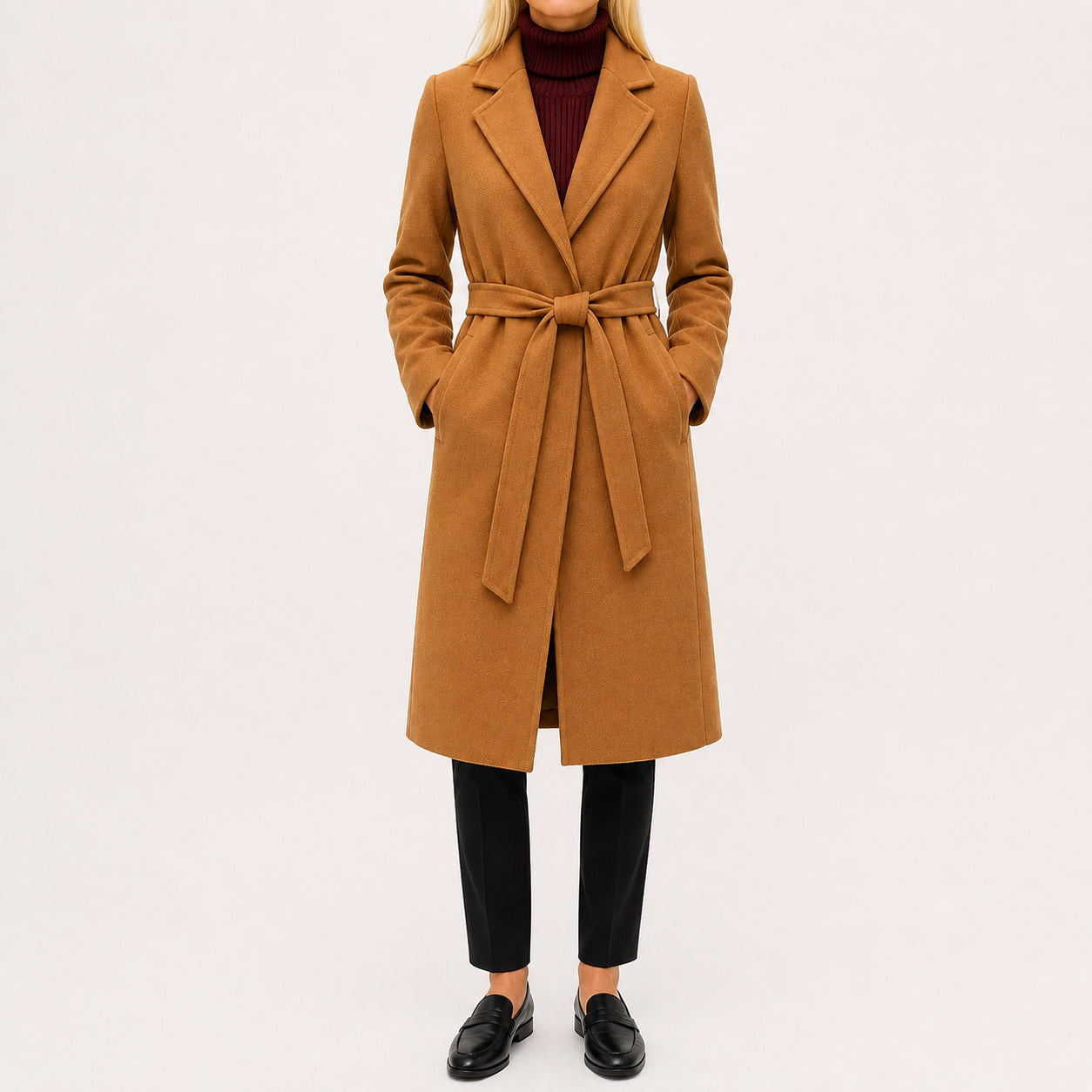 Fall Women's Midi Length Wool Coat with Waist Belt | Outerwear