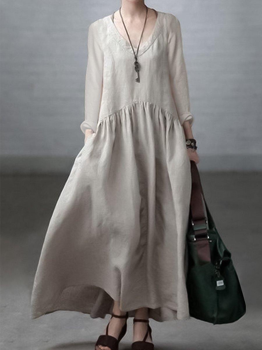 Loose V-Neck Cotton Linen Maxi Dress