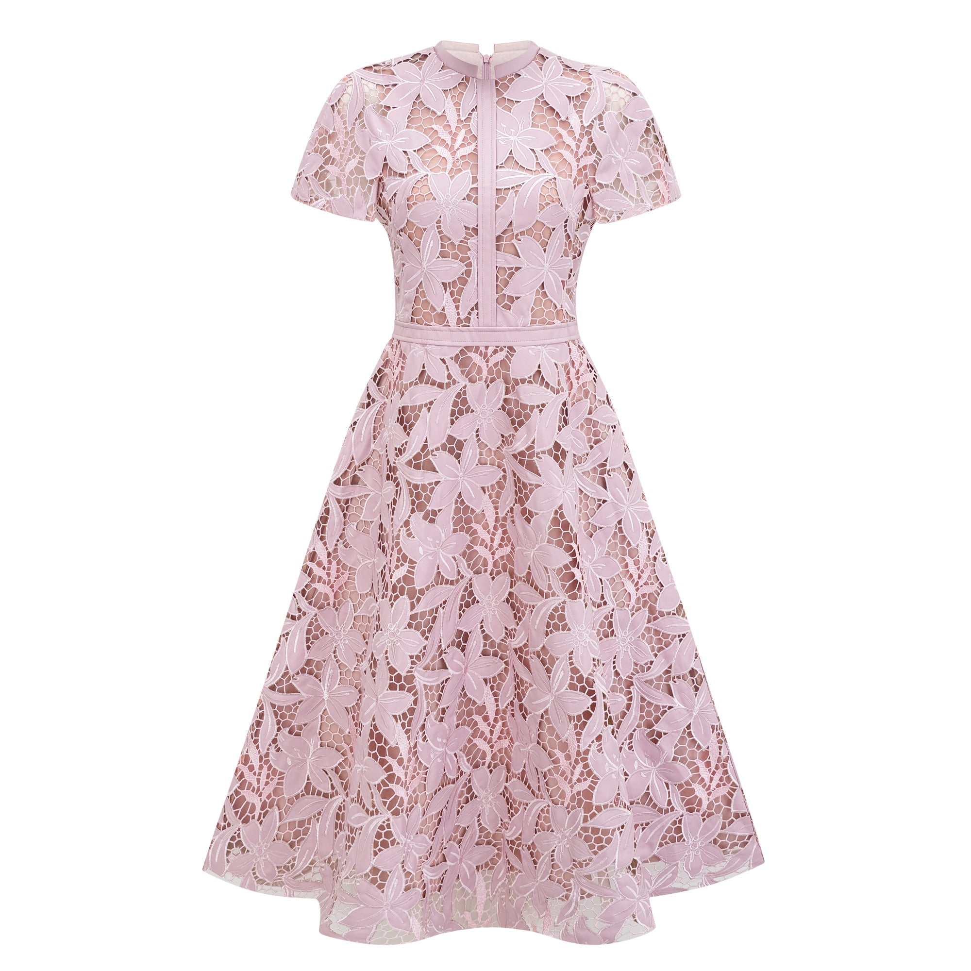 Chic Pink Lace Floral Occasion Midi Dress