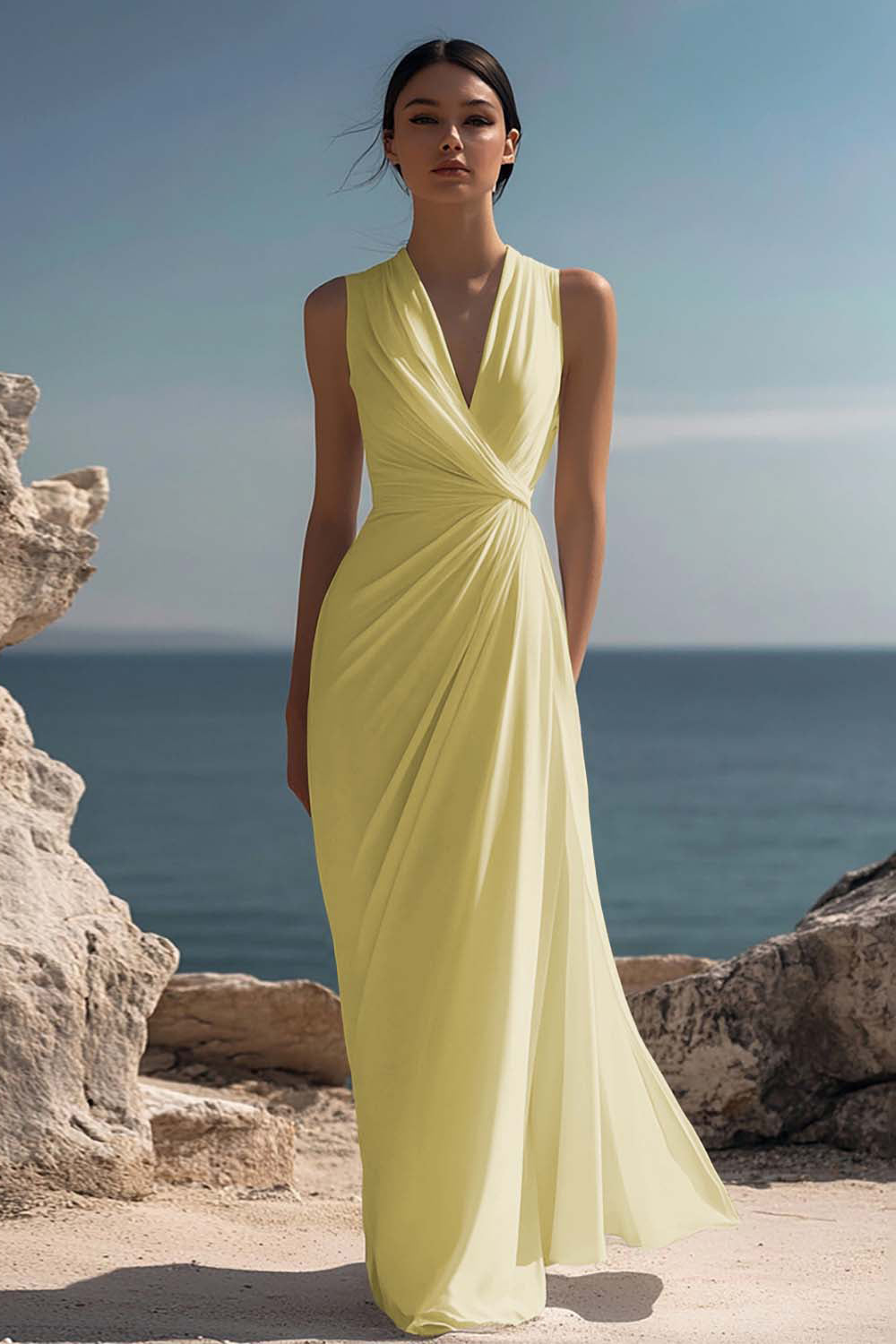 White Chiffon Ruched Sheath Maxi Dress