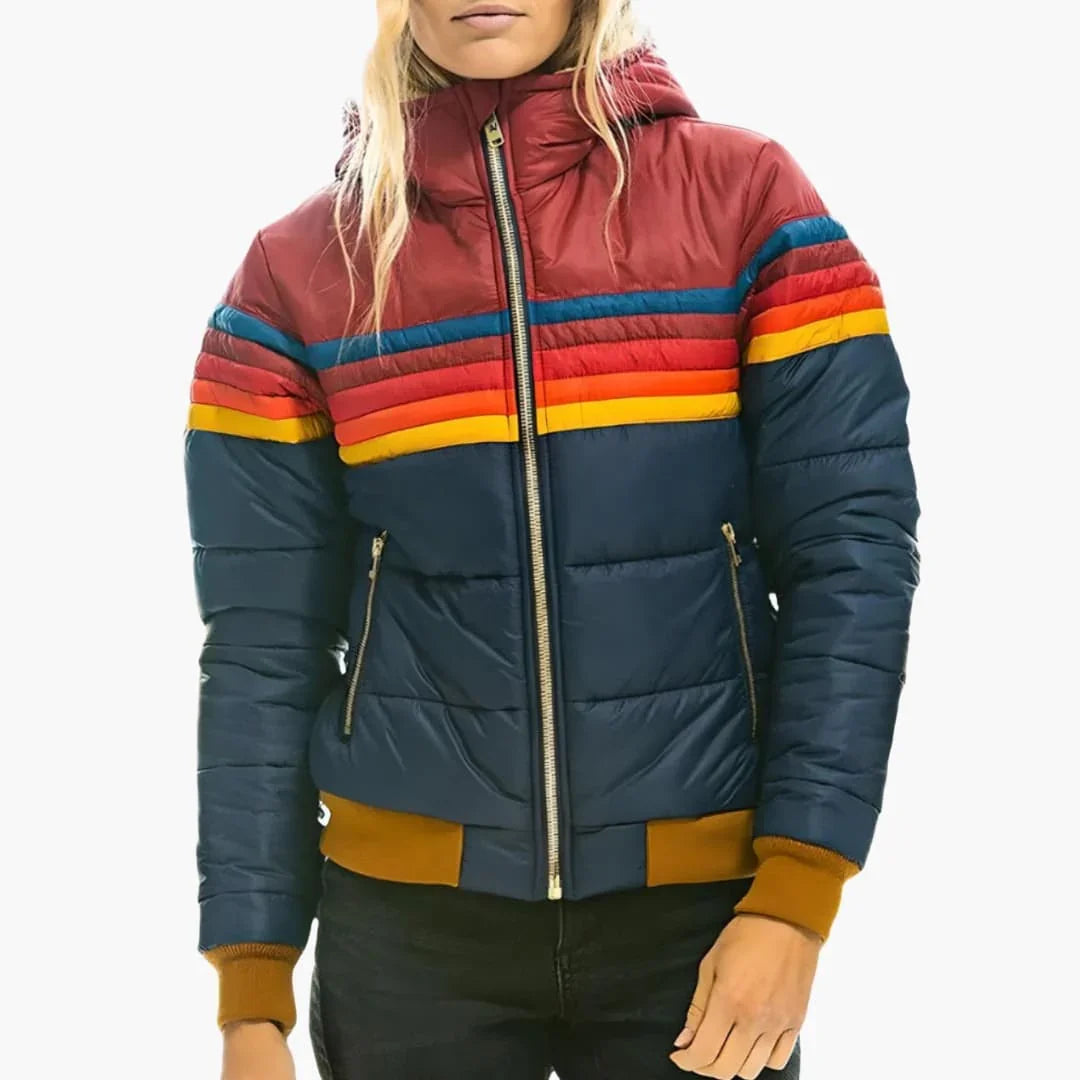 Puffer Jacket Women Hooded Quilted Rainbow Colorblock