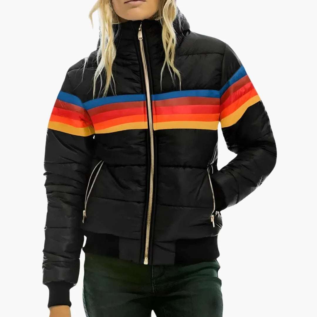 Puffer Jacket Women Hooded Quilted Rainbow Colorblock