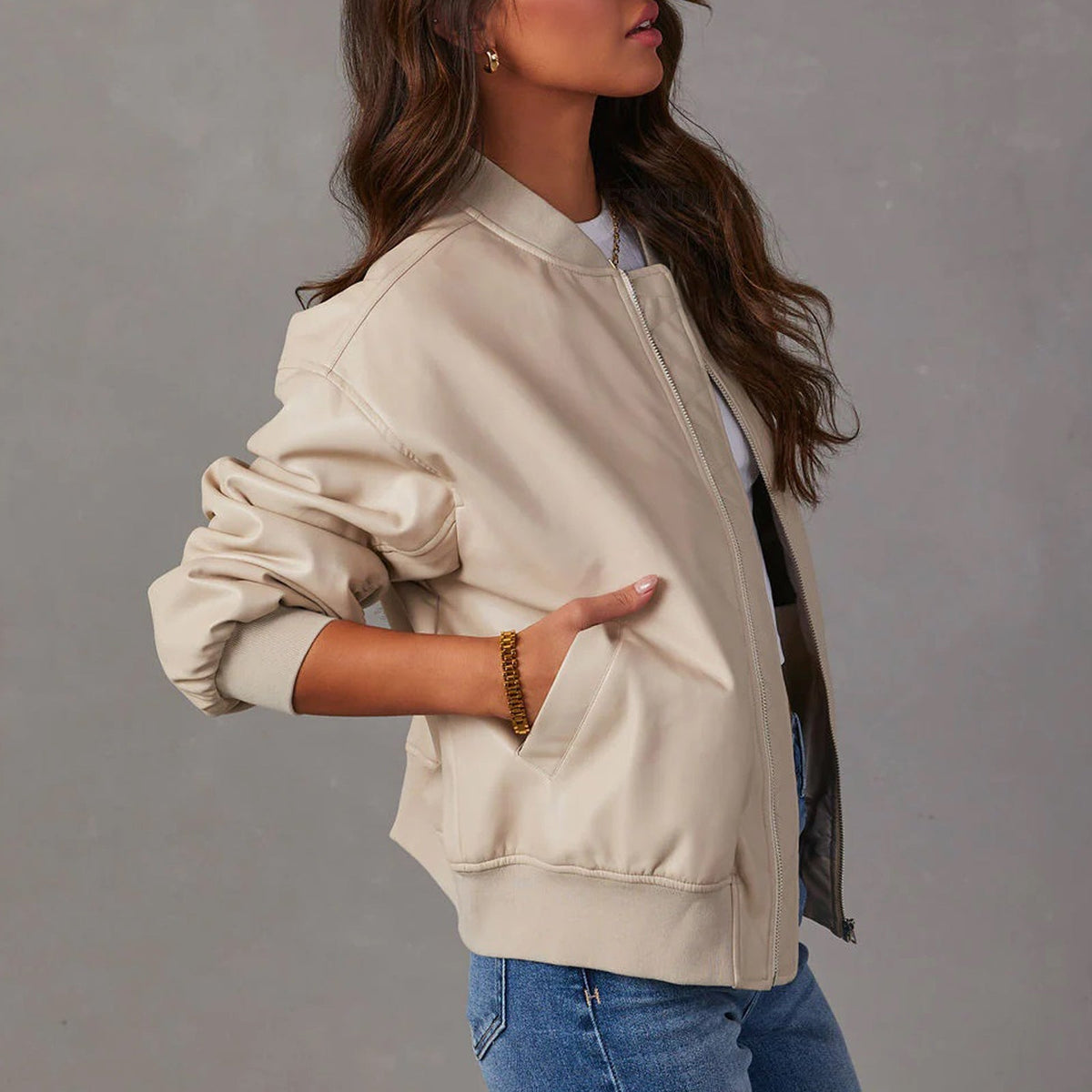 Faux Leather Bomber Jacket, Relaxed Fit