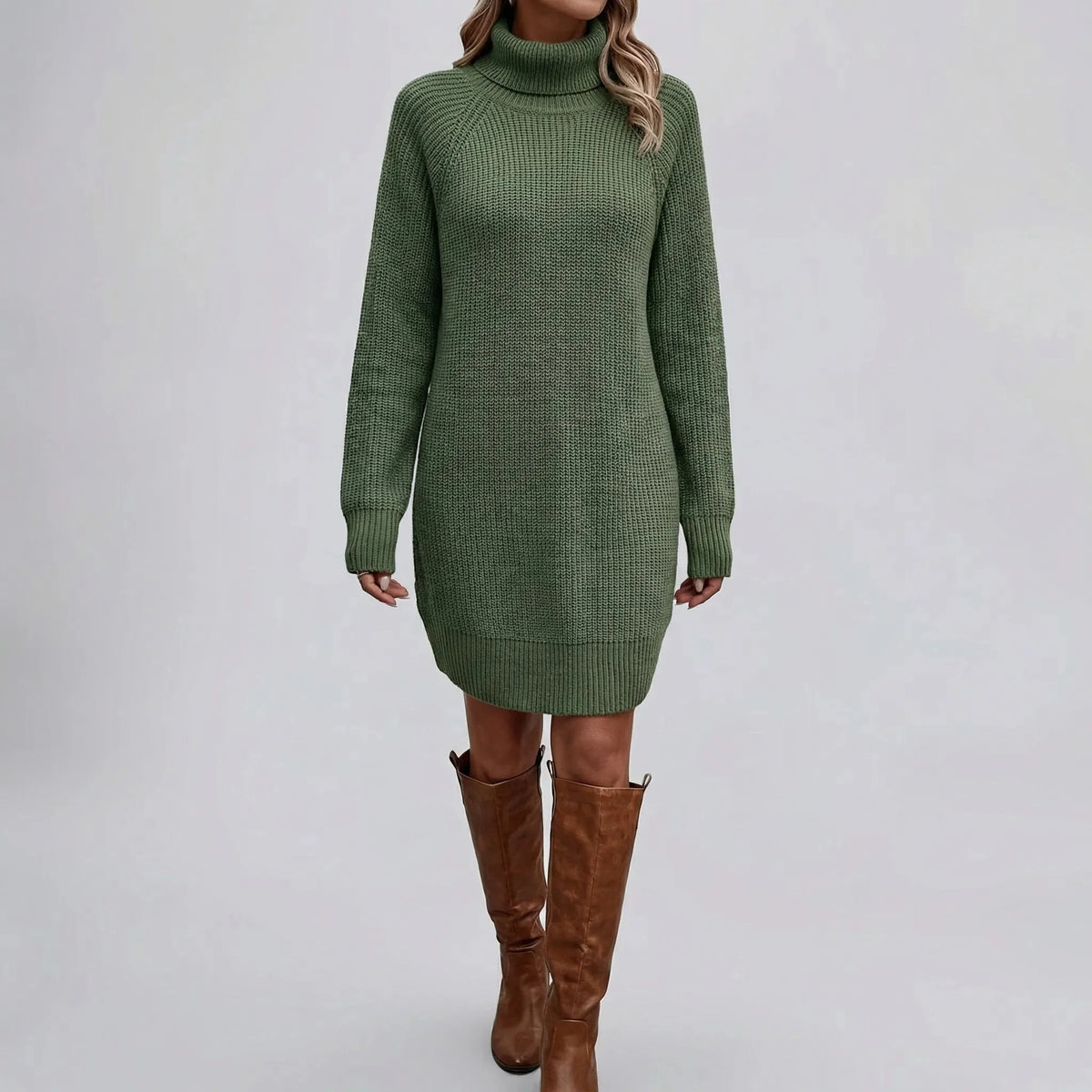 Chunky Ribbed High-Neck Tunic Sweater Dress
