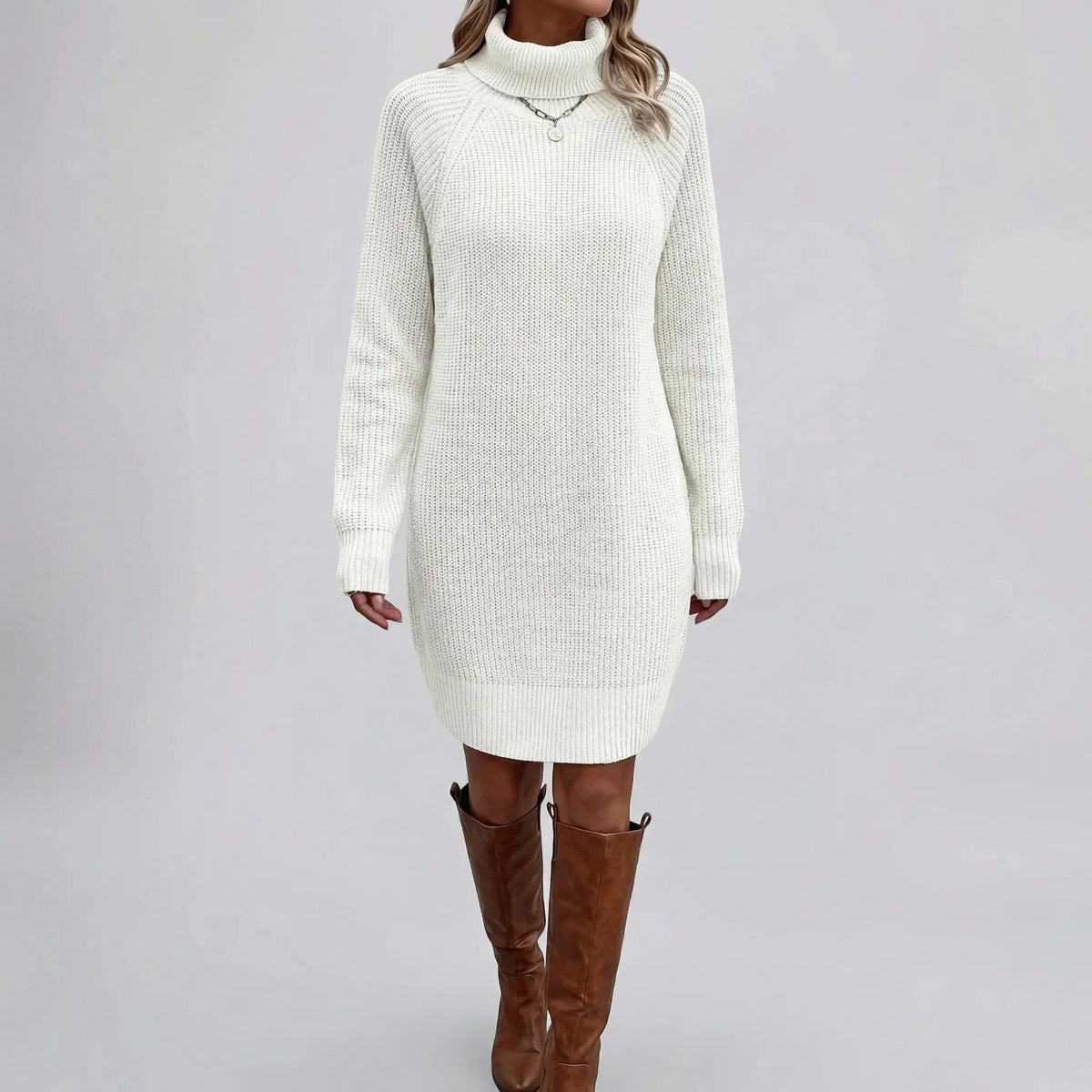 Chunky Ribbed High-Neck Tunic Sweater Dress