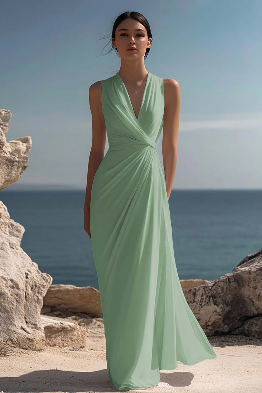 White Chiffon Ruched Sheath Maxi Dress