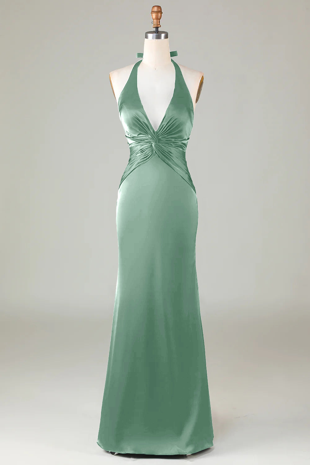 Dusty Sage Satin Halter Formal Maxi Dress