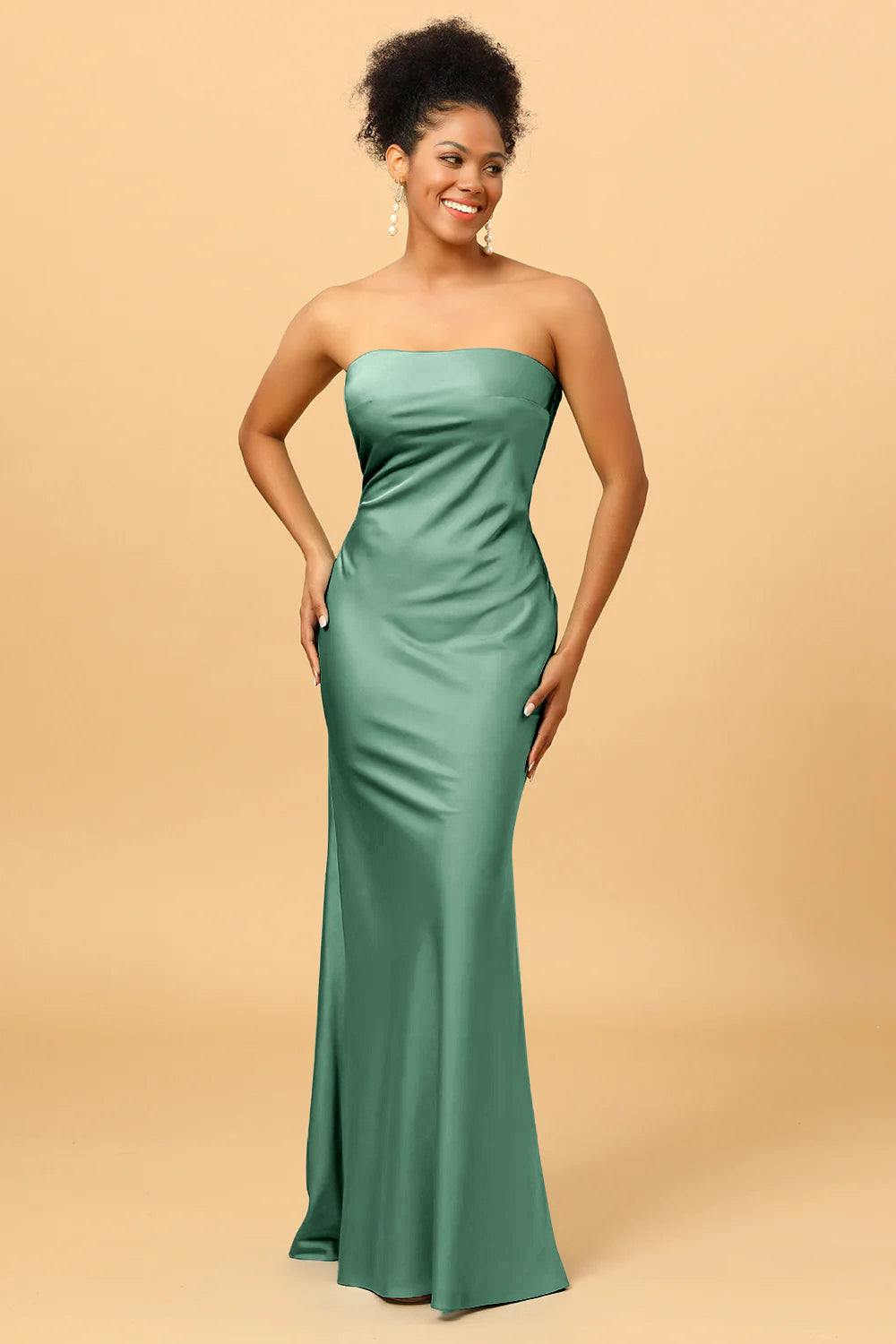 Grey Blue Satin Mermaid Bridesmaid Maxi Dress