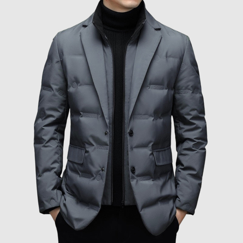 Men’s Puffer Jacket with Duck-Down Filling, Lapel Collar & Zip