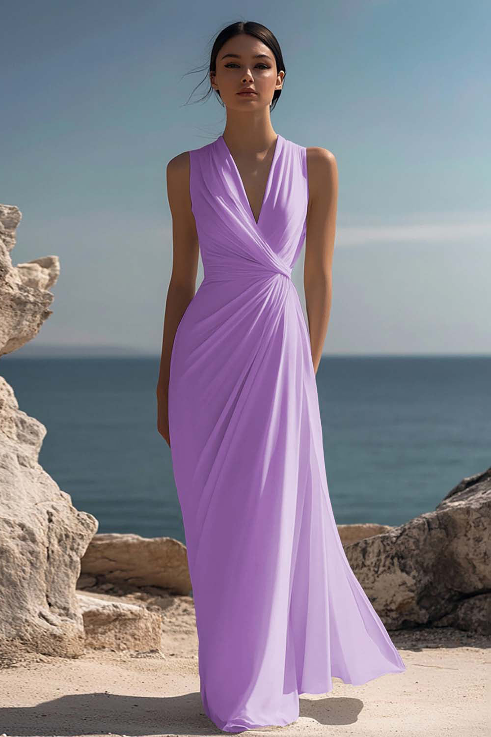 White Chiffon Ruched Sheath Maxi Dress