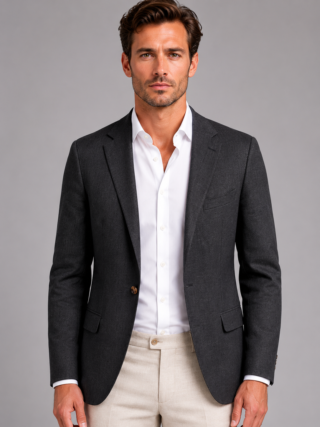 Men’s Single-Breasted Linen Blazer with Classic Lapels