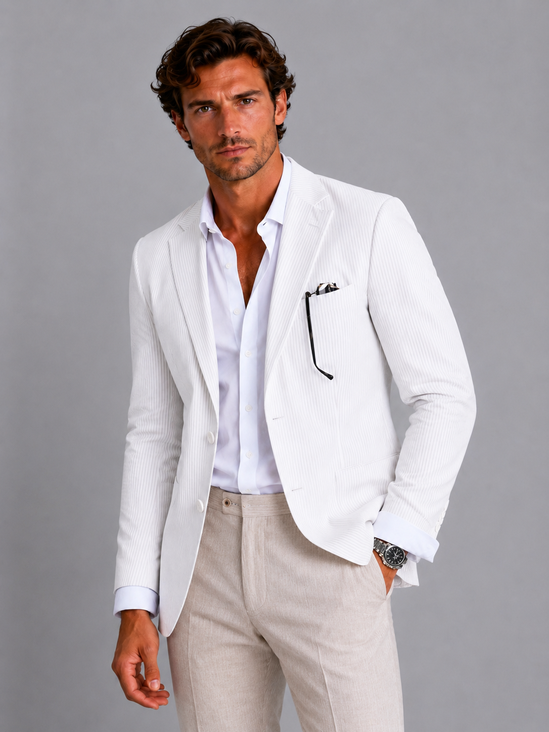 Men’s Seersucker Striped Blazer with Classic Lapels