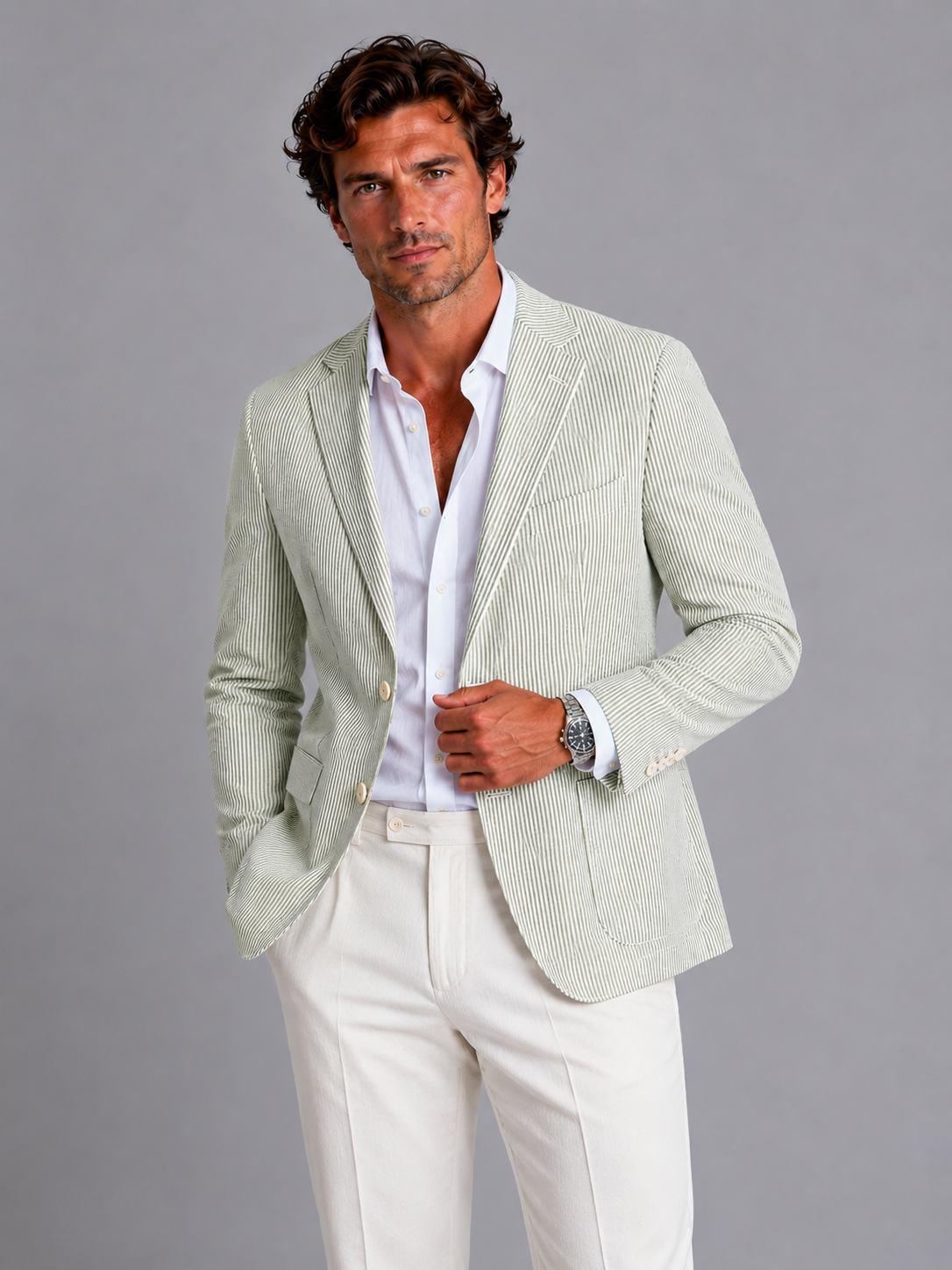Men’s Seersucker Striped Blazer with Classic Lapels