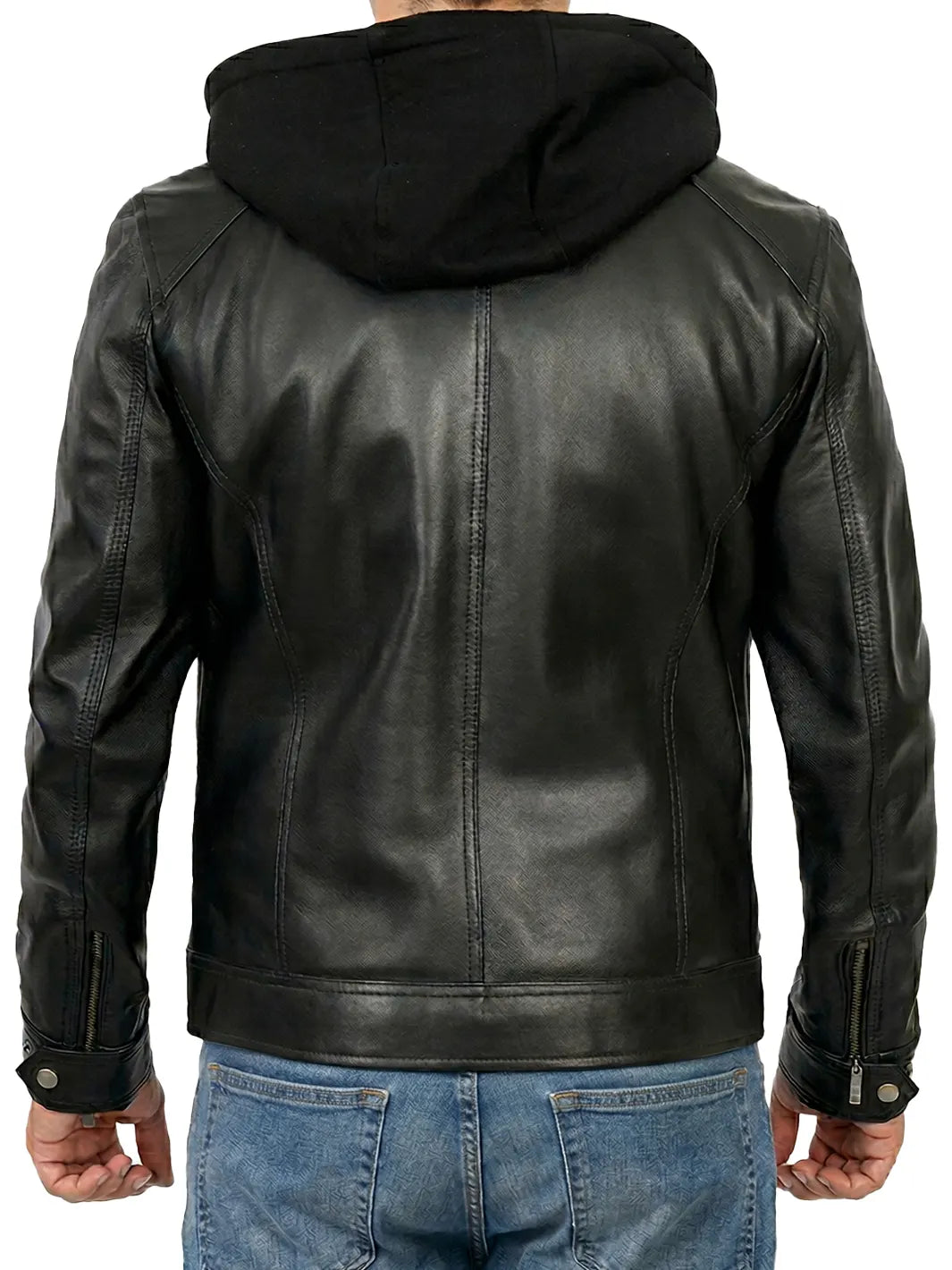 Men's Black Leather Jacket with Removable Hood