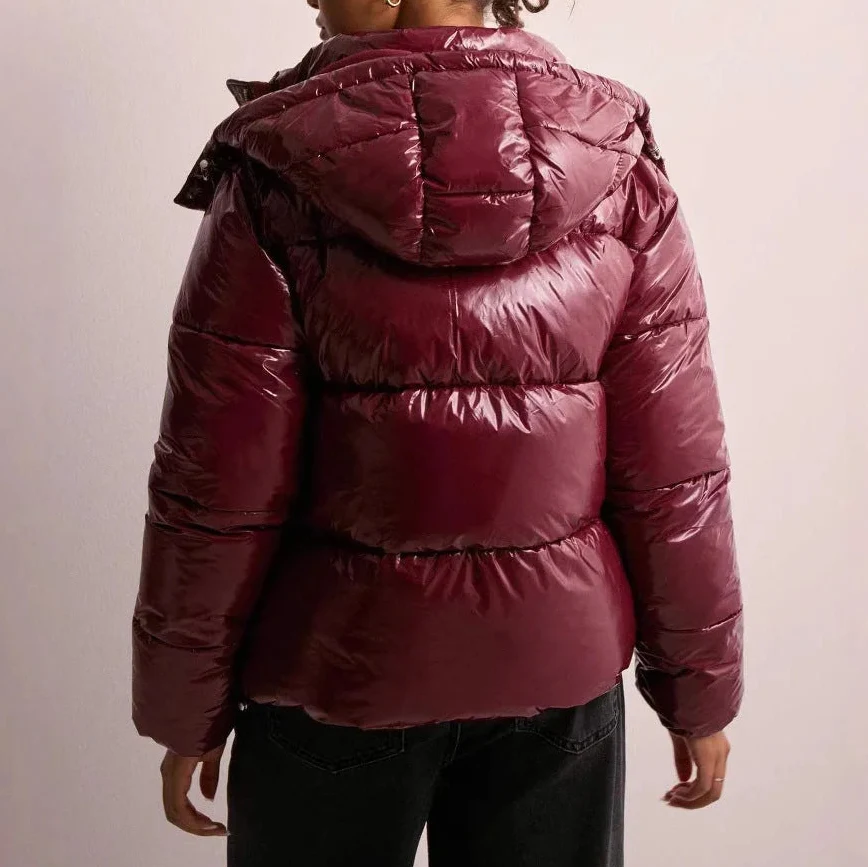 Puffer Jacket Women Hooded Quilted Glossy Finish