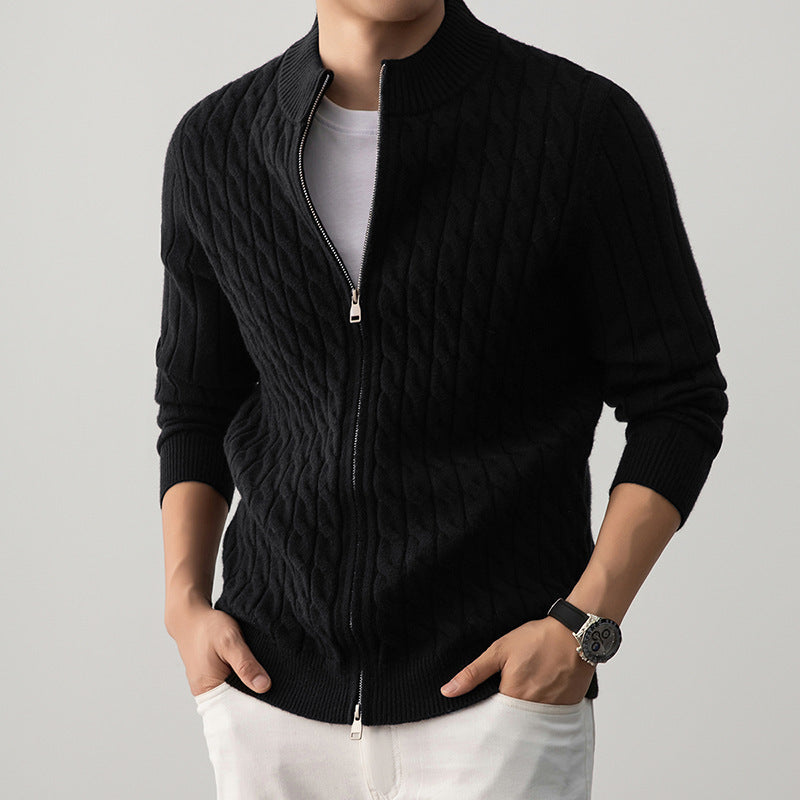 Men's Wool Cardigan with Zipper and Cable-Knit Pattern