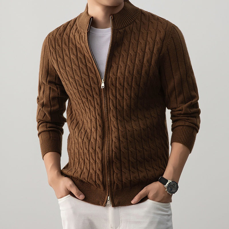 Men's Wool Cardigan with Zipper and Cable-Knit Pattern