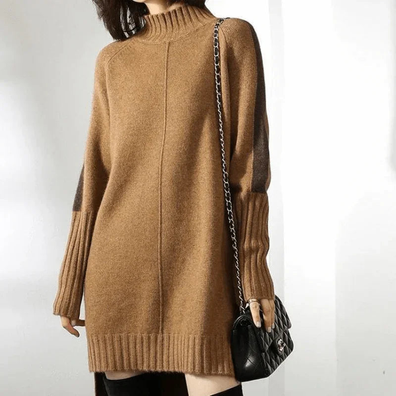 Two-tone oversizedTurtleneck high-neck Sweater  dress