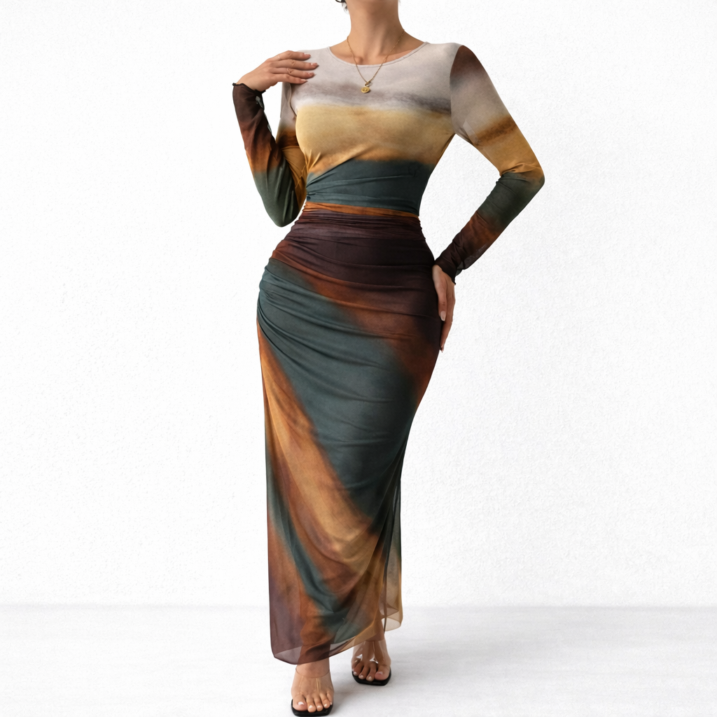 Elegant Ombre Ruched Long Sleeve Maxi Dress