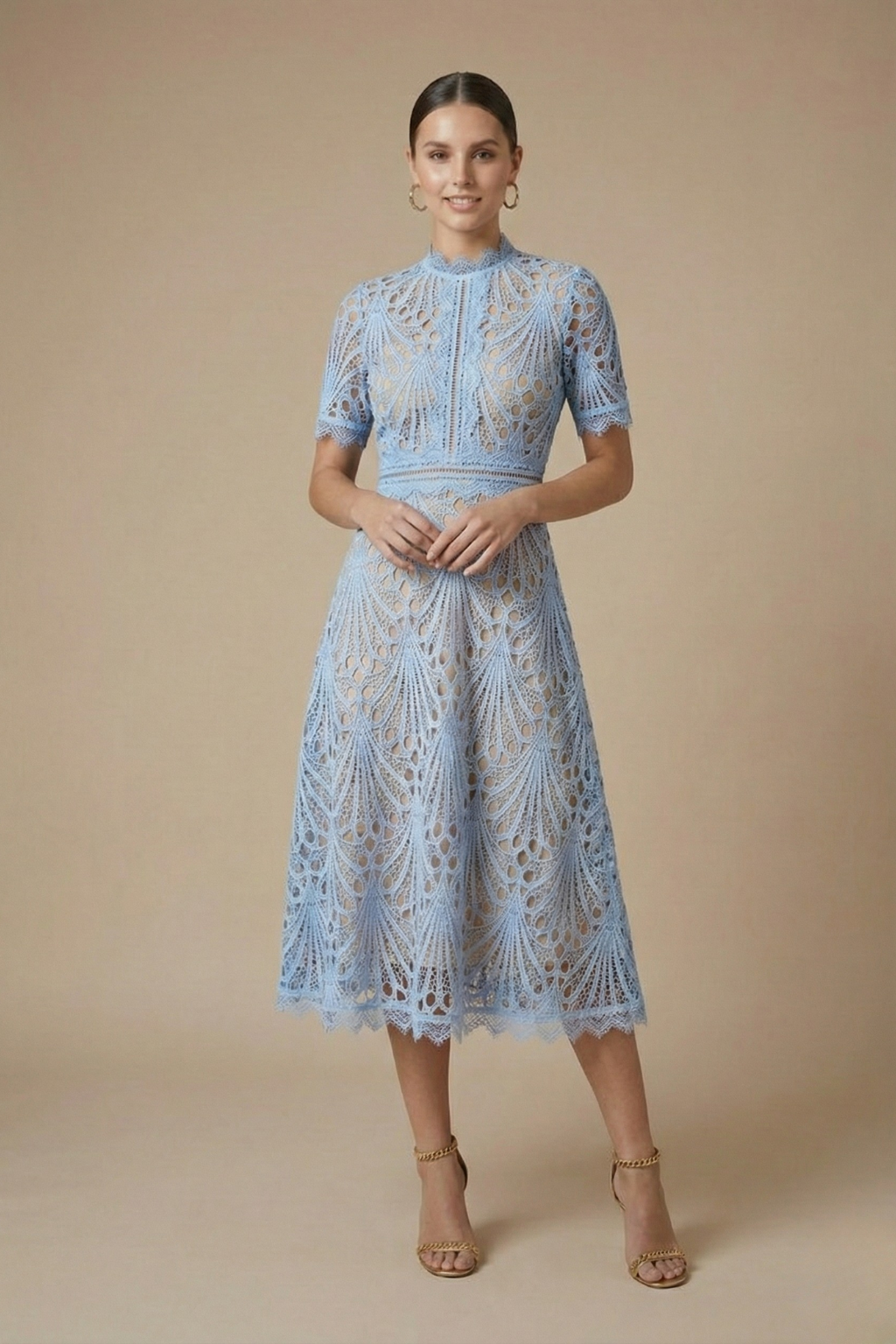 Elegant Midi Lace Dress – High Neck Silhouette