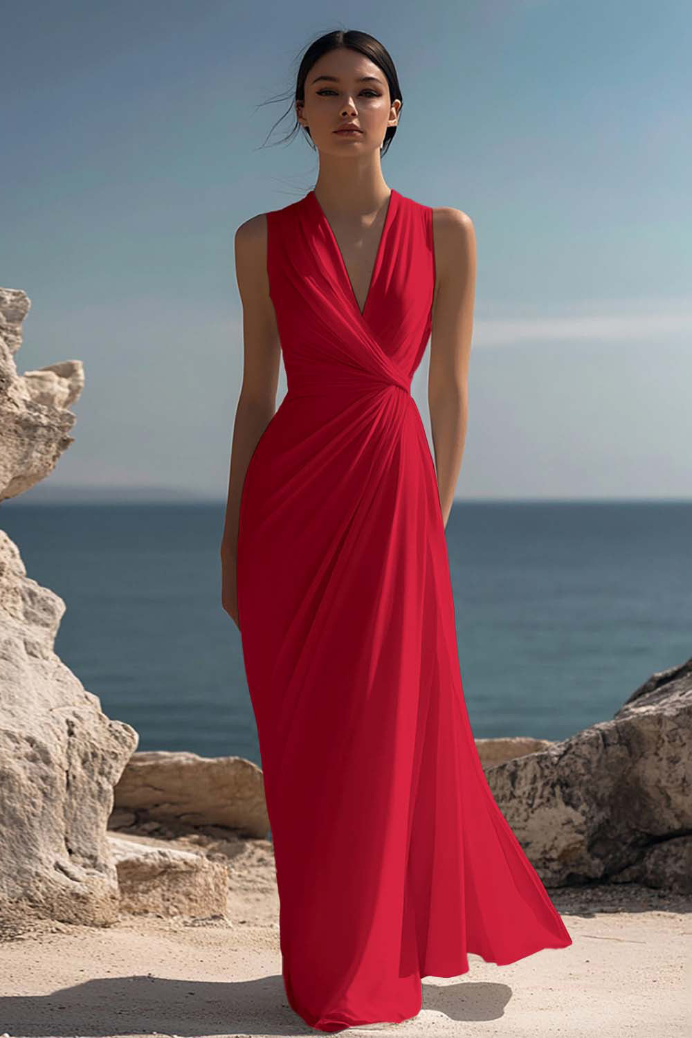 White Chiffon Ruched Sheath Maxi Dress