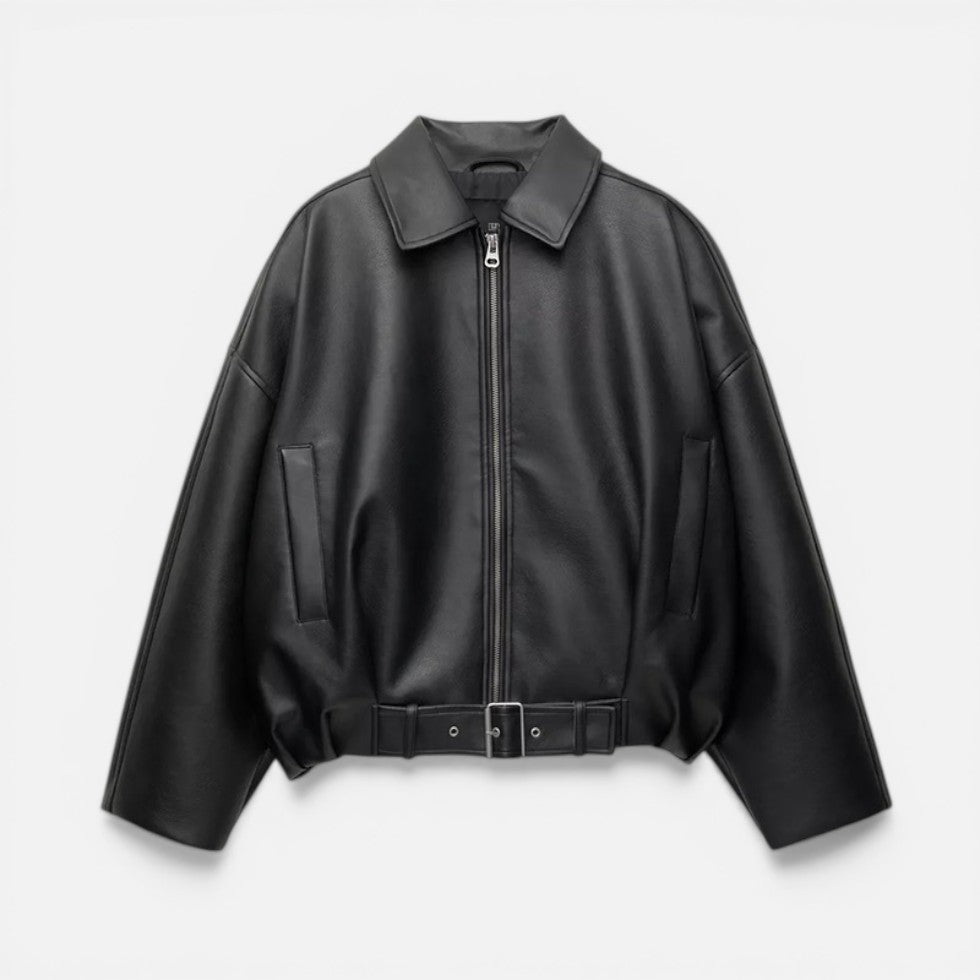 Women’s Oversized Leather Bomber Jacket with Belt