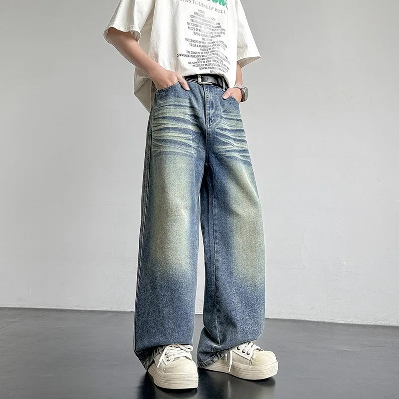 Men's Baggy Jeans in Faded Denim with Exposed Stitching