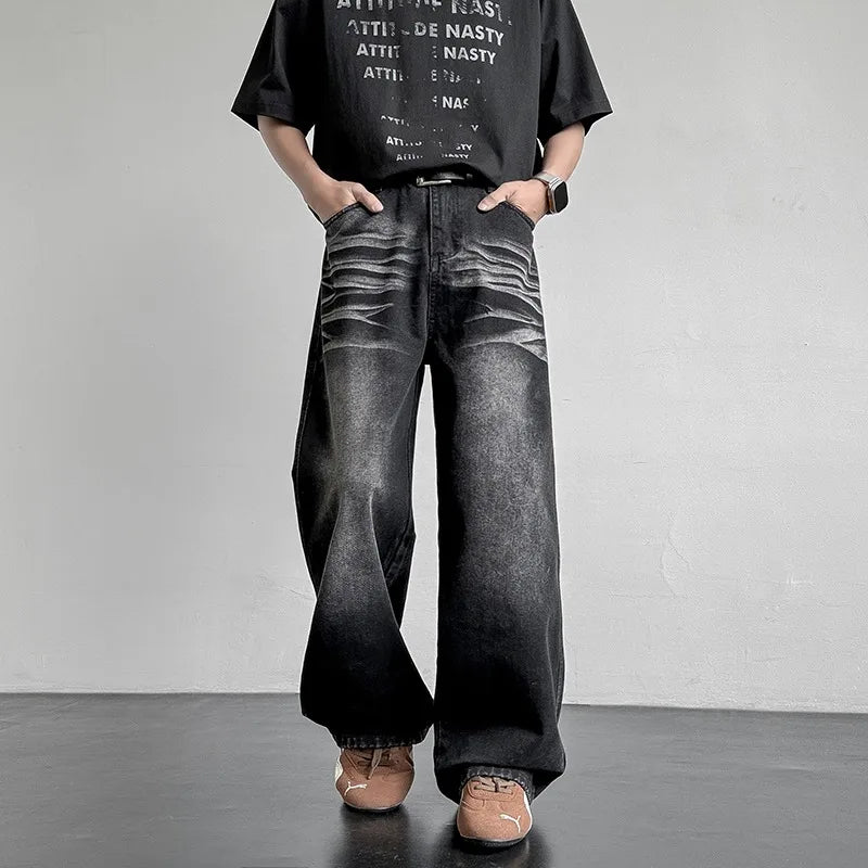 Men's Baggy Jeans in Faded Denim with Exposed Stitching