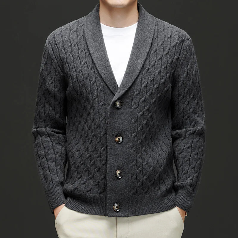 Men's Wool Cardigan with Shawl Collar and Cable Knit