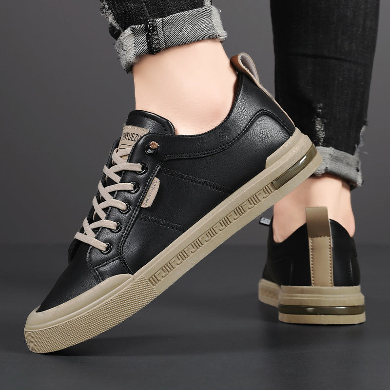 Sneakers in Two-Tone Smooth Leather with Flat Rubber Sole and Visible Stitching