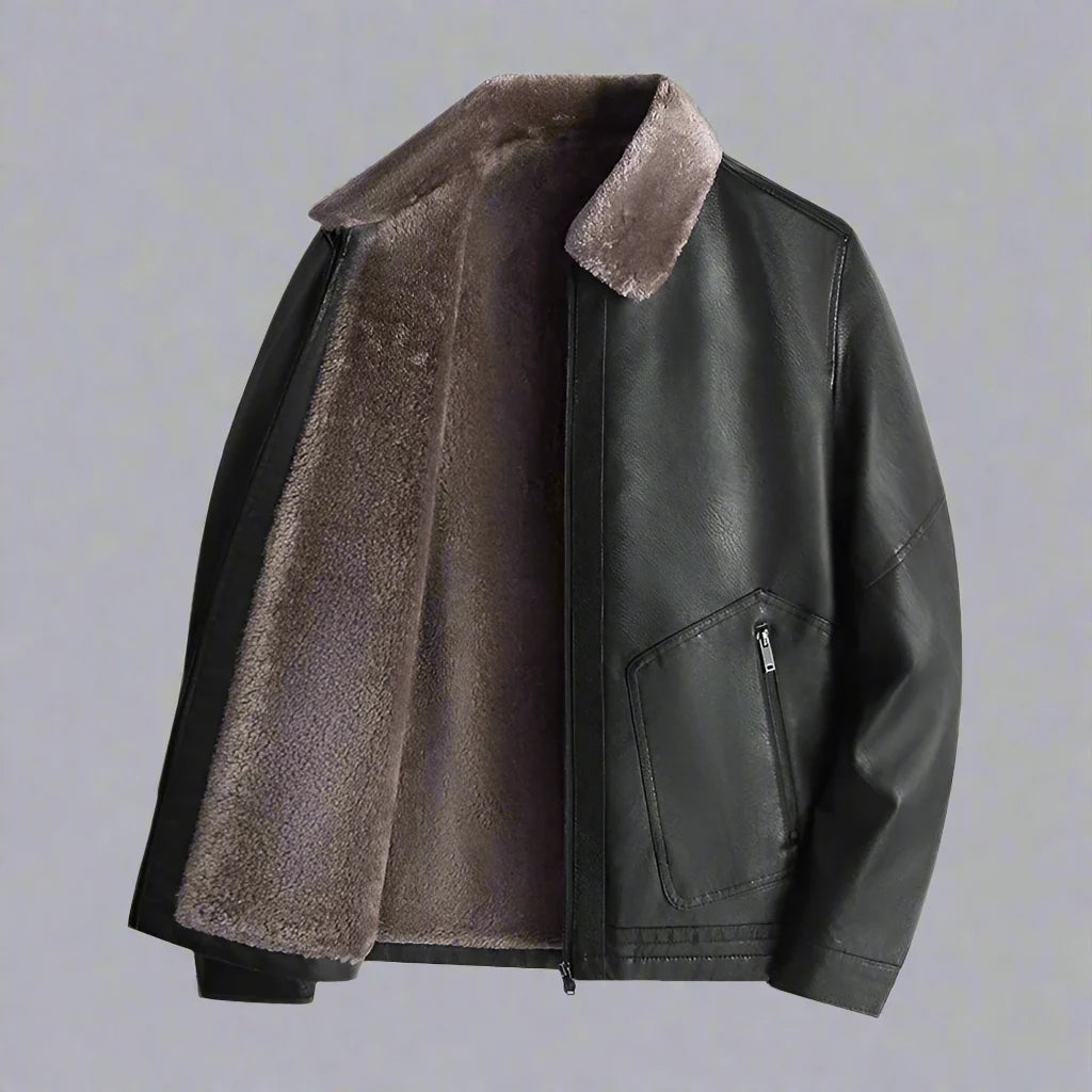 Men’s Winter Jacket Fleece-Lined Leather with Turn-Up Collar