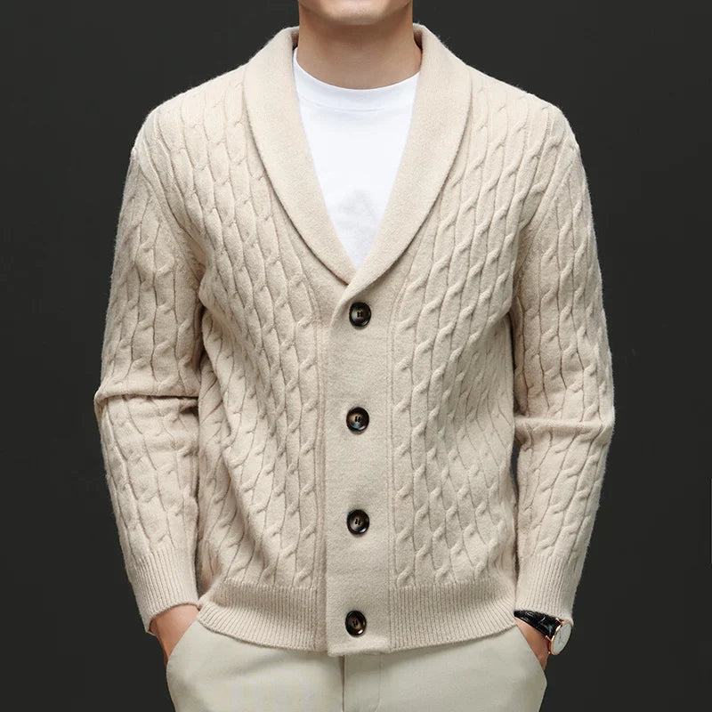 Men's Wool Cardigan with Shawl Collar and Cable Knit