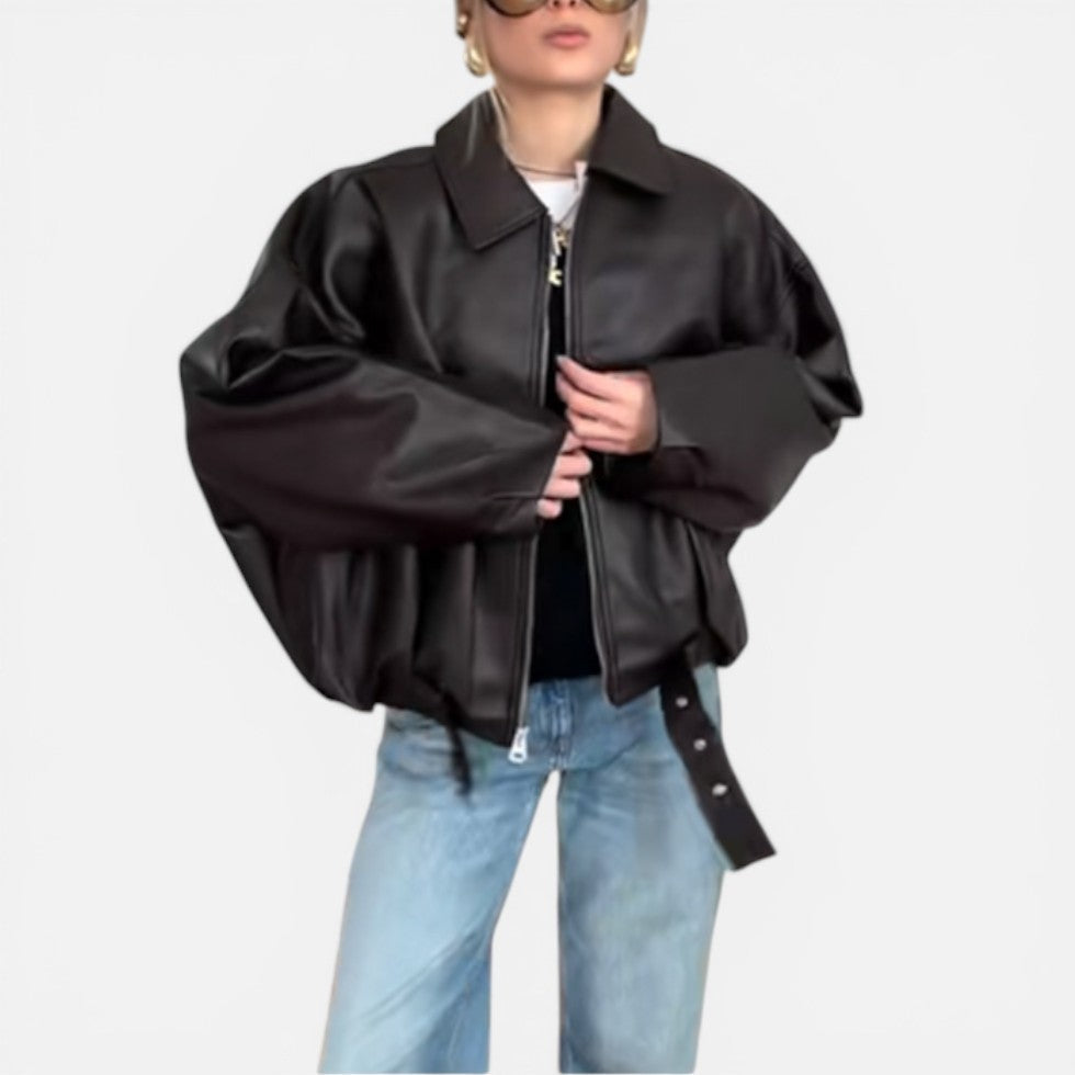 Women’s Oversized Leather Bomber Jacket with Belt