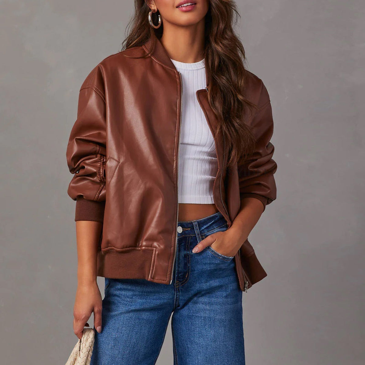 Women’s Leather Bomber Jacket with Zip and Ribbed Cuffs