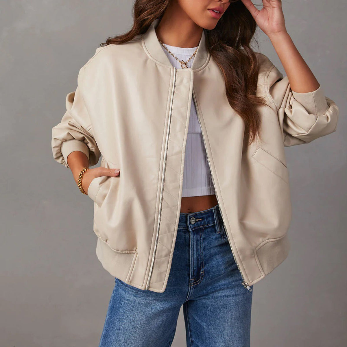 Faux Leather Bomber Jacket, Relaxed Fit
