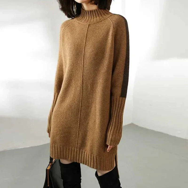 Two-tone oversizedTurtleneck high-neck Sweater  dress