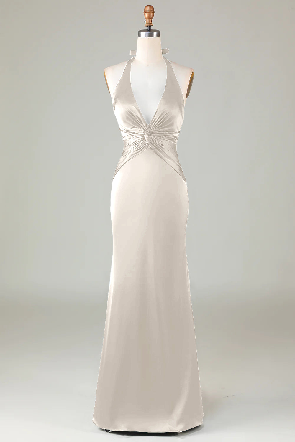 Dusty Sage Satin Halter Formal Maxi Dress