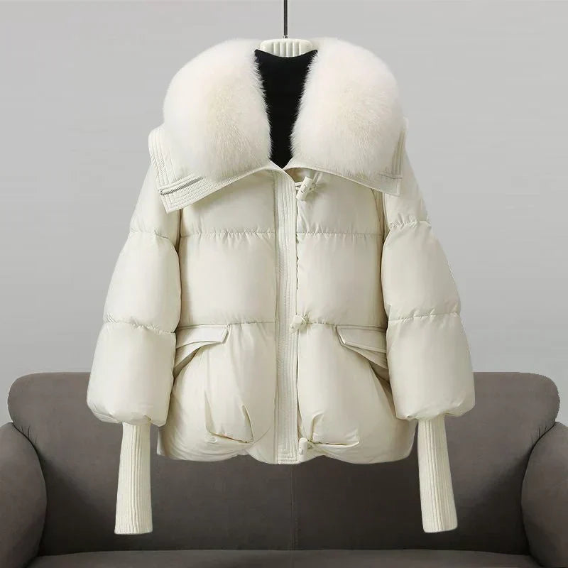 Puffer Jacket Women Faux Fur Collar Ribbed Cuffs