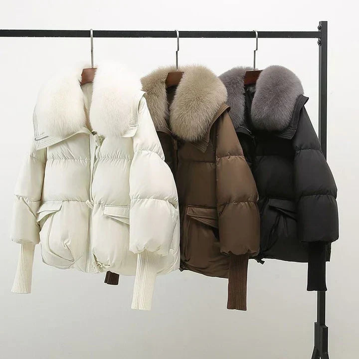 Puffer Jacket Women Faux Fur Collar Ribbed Cuffs